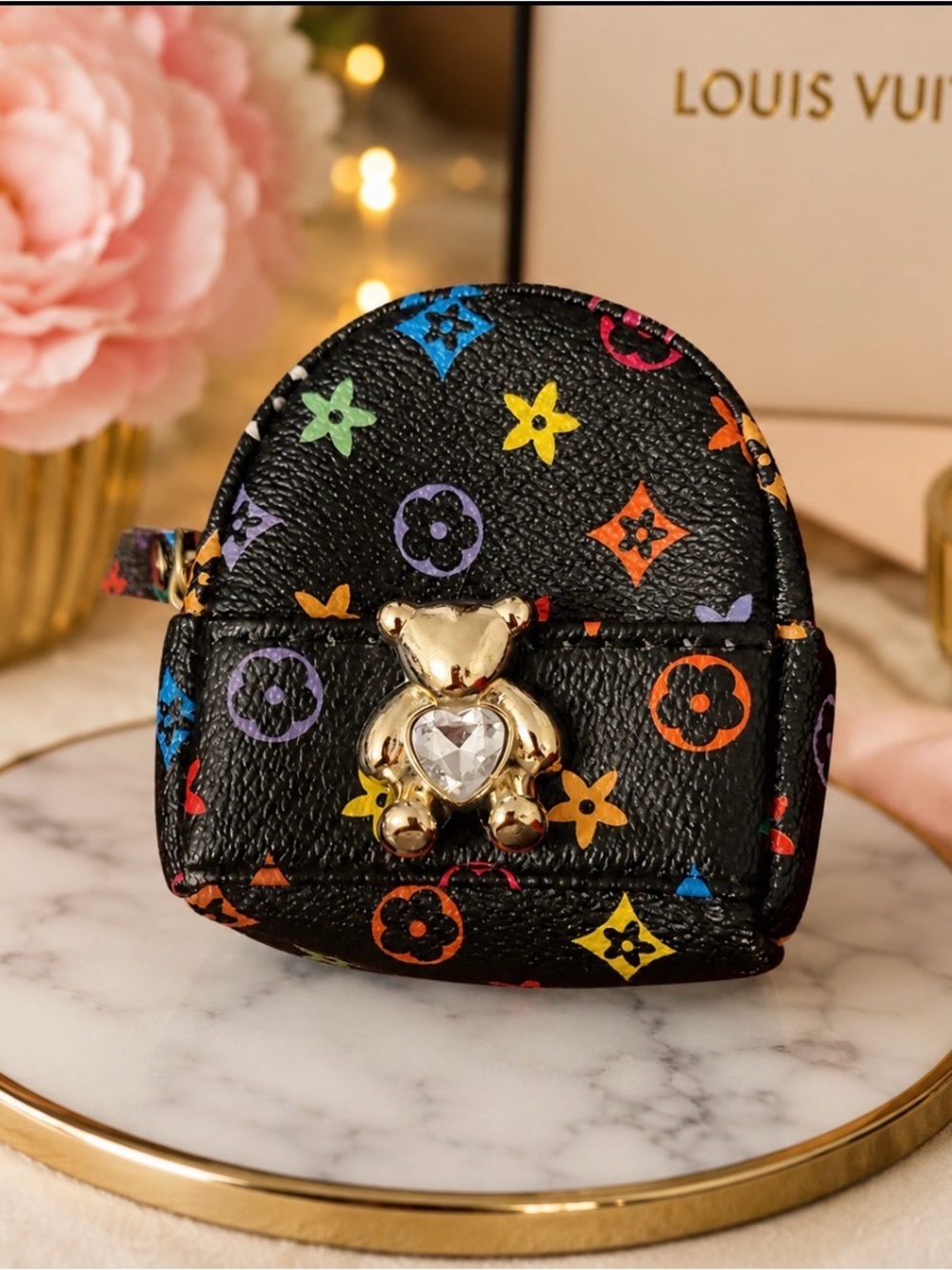 Black Multicolor Mini Backpack Charm with Gold Crystal Bear